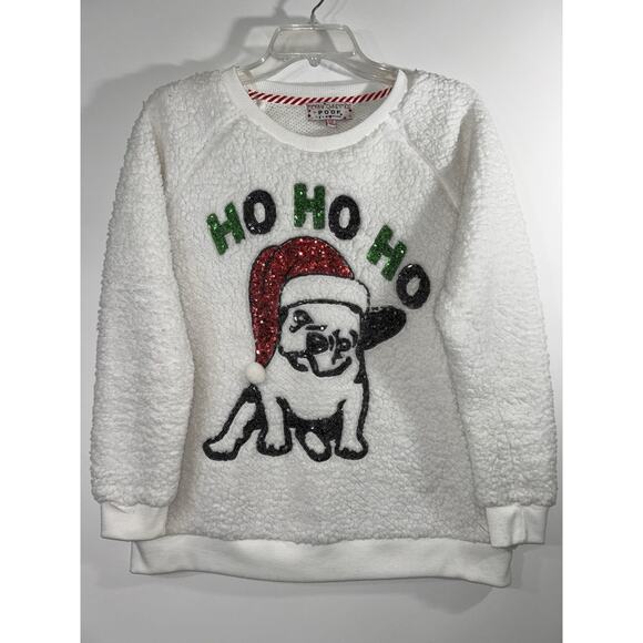 Merry Christmas Poof New York HO HO HO Dog In Santa Hat Women’s Size M Sweater - Picture 2 of 7